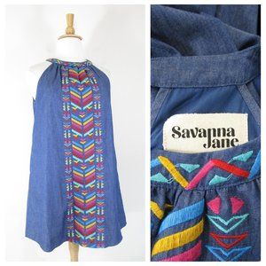 Savanna Jane Chambray Denim Multicolor Embroidered Shift Dress L